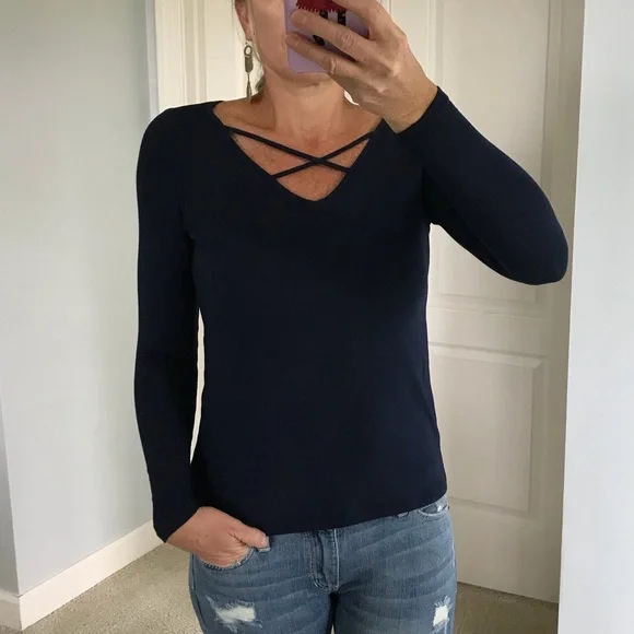Navy Long Sleeve Criss Cross Neck Top - Picture 2 of 4